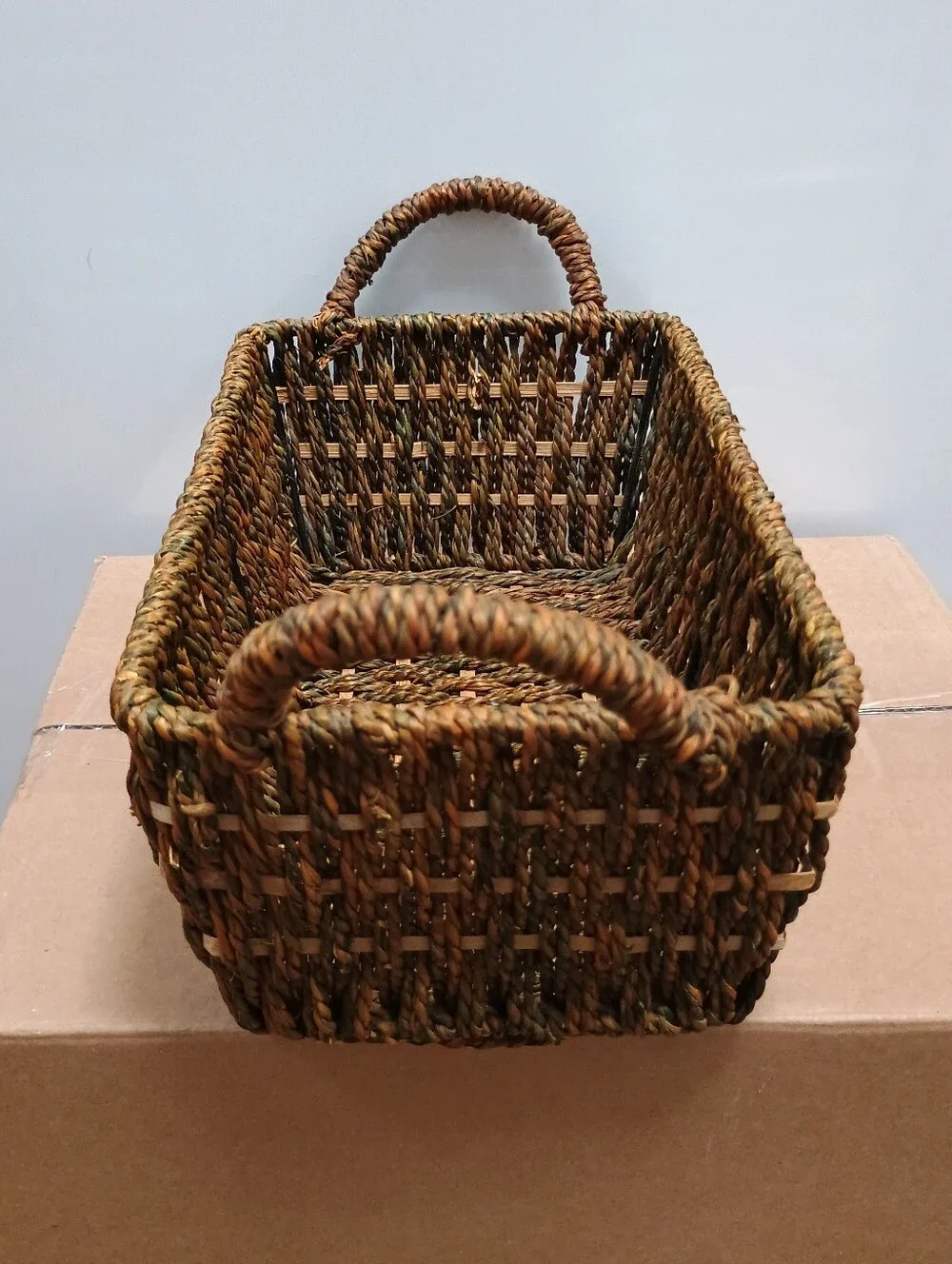 VINTAGE Coastal Woven Rectangular Storage Basket wth Handles Brown Checkerboard